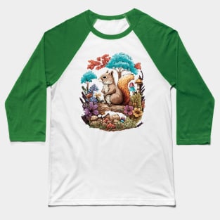 Cute Cottagecore Squirrel & Flowers Baseball T-Shirt